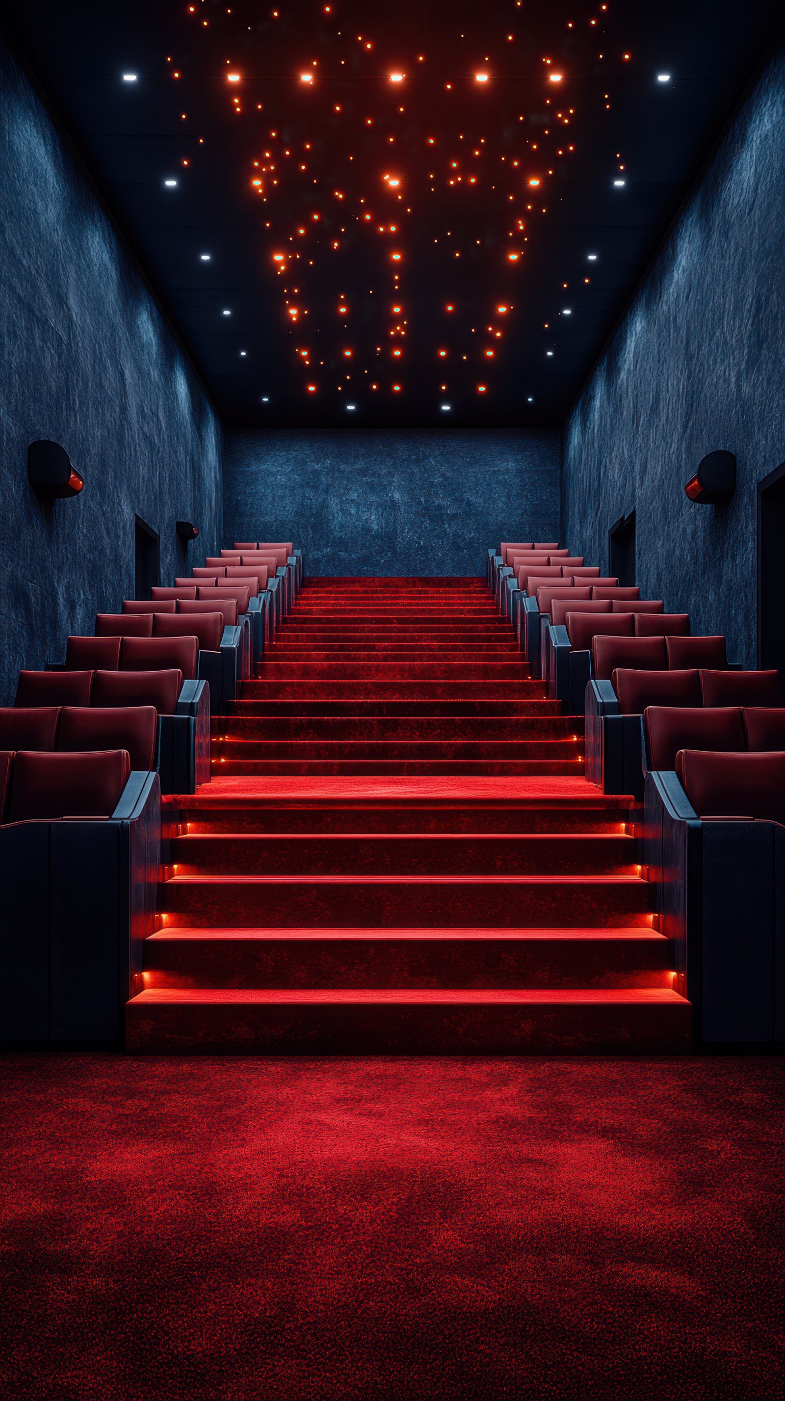 Luxury cinema hall with plush red seating and ambient lighting creating an inviting atmosphere for moviegoers